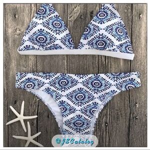 White Lined Cheeky Bottom w/ Blue Print Bikini Set